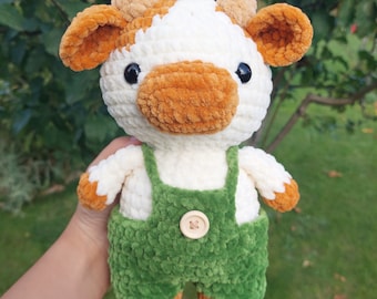 Crochet Farmer Cow Plushie, Plush Amigurumi Animal, Cow with Dungarees, Cow with Overalls and A Button, Cute Stuffed Toy, Autumn/Fall Cow