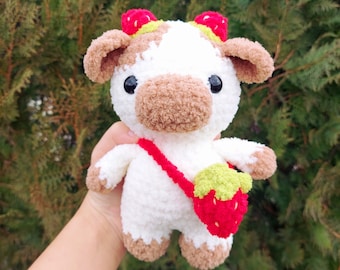 Cute Fluffy Stawberry Cow Plushie, Cow Amigurumi, Crochet Animal, Strawberry Crochet, Strawberry Plushie, Cow Plush, Soft Cow Crochet Toy