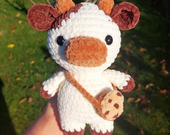 Crochet Cookie Cow Plushy, Cute Plushie Cow Amigurumi, Stuffed Animal Toy, Soft Squishy Crochet Plush Cow With A Cookie Bag, Chubby Plushies