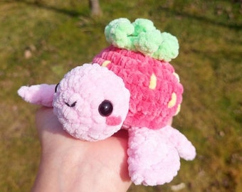Little Cute Strawberry Turtle Plush, Mini Sea Turtle with Strawberry Shell Plushie, Crochet Animal, Turtle Amigurumi, Crochet Strawberry Toy