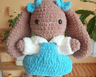 Crochet Jumbo Bunny Plushie, Bunny Plush with Light Blue Dress, Cuddly Bunny Amigurumi, Stuffed Toy, Crochet Animal, Cute Crochet Plushie