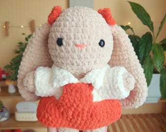 Crochet Jumbo Bunny Plushie, Bunny Plush with Pumpkin Fall Dress, Cuddly Bunny Amigurumi, Stuffed Toy, Crochet Animal, Cute Crochet Plushie