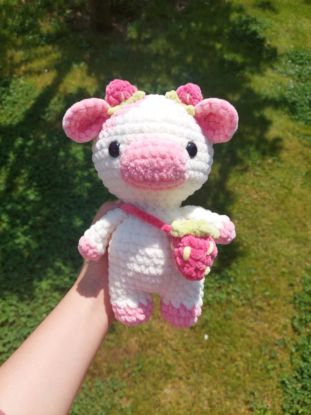 Strawberry Crochet Cow, Plushie Cow, Stuffed Animal Crochet, Pink
