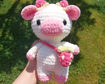 Strawberry Crochet Cow, Plushie Cow, Stuffed Animal Crochet, Pink Cow Plush, Chubby Cow Toy, Strawberry Crochet, Spring Themed Crochet Cow