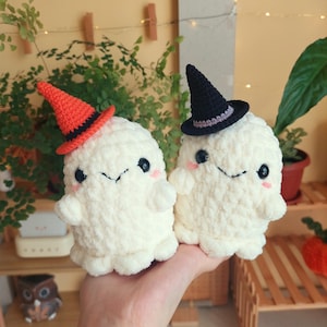 Cute Crochet Ghost Plushies, Witch Hat, Halloween Decoration, Crochet Spooky Season Decor, Amigurumi Ghost Plush, Cute Ghost Stuffed Toys