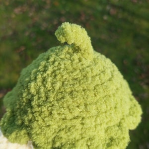 May include: A green crocheted hat with a pointed top and a textured surface. The hat is made of soft yarn and has a fluffy appearance.