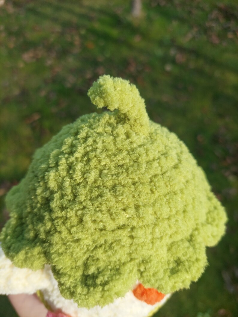 May include: A green crocheted hat with a pointed top and a textured surface. The hat is made of soft yarn and has a fluffy appearance.