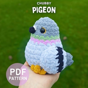 May include: A handmade, plush, light blue pigeon with a black beak, yellow feet, and a multi-coloured neckband. The text "CHUBBY PIGEON" is above the bird, and "PDF PATTERN" is in a circle below. The creator's name is at the bottom.