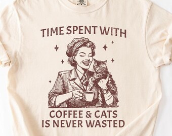 Comfort Colors® Cats & Coffee T-Shirt, 90s Y2K Retro Vintage Graphic Tee, Funny Shirt, Meme Tshirt, Unisex Shirt, Gift for Her, Cat Gifts