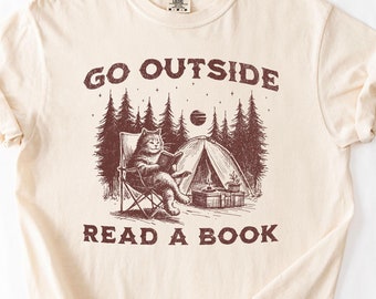 Comfort Colors® Camping Cat T-Shirt, 90s Y2K Retro Vintage Graphic Tee, Funny Shirt, Books Reader, Unisex Shirt, Gift for Him or Her