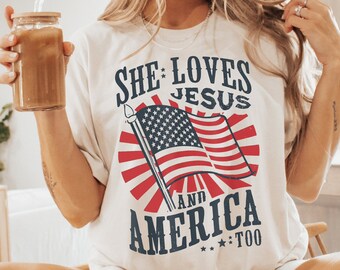 She Loves Jesus And America Too Tshirt, Christian Shirt for Women, Retro Christian Tshirt, Religious Shirt, USA Shirt, American Flag Shirt