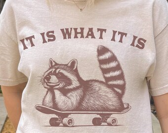 Funny Raccoon Meme T-Shirt - It Is What It Is And It Is Not Great | Vintage Oversized Trash Panda Tee | Boho Humor Gift for Women & Men