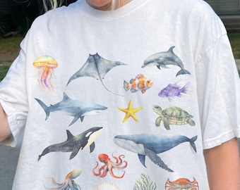 Ocean Themed T-Shirt, Sea Animal Shirt, Whale, Dolphin, Turtle, Orca, Jellyfish, Starfish, Octopus, Seashells, Ocean Pacific Tee, Sea Shirt