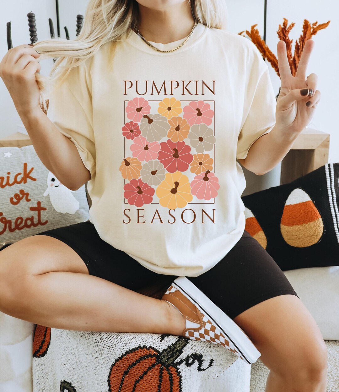 Women Summer Casual Pumpkin Print O-Neck Cotton Shirt IO1006