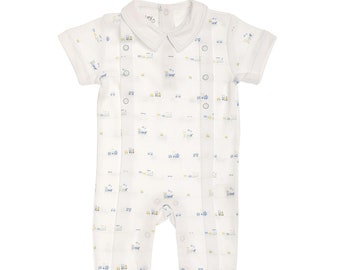 Baby Boy Train Jumpsuit | Baby Boy Linen Romper Short Sleeve | Baby Buttoned down Jumpsuit | Baby Casual Dressy Outfit | Pima Cotton