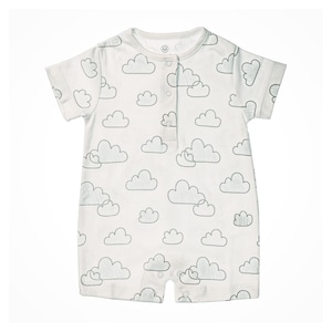 May include: White baby onesie with a short sleeve and a snap closure. The onesie has a gray cloud pattern.