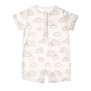 May include: A white baby romper with a pattern of pink clouds outlined in gray. The short-sleeved romper has a round neckline, snap closures, and is designed for comfort and style. The Fig's brand logo is visible.
