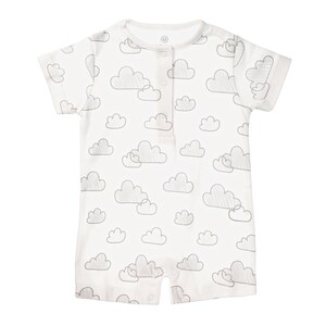 May include: White baby onesie with a gray cloud pattern. The onesie has short sleeves and a snap closure at the bottom.