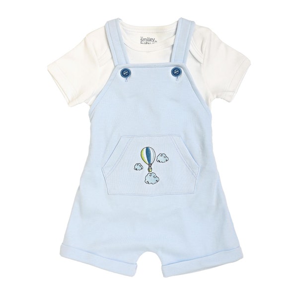 Baby Boy 2-Piece Overall Romper | Light Blue Air Balloon Romper | Baby Photoshoot Outfit | Baby Boy Overalls Romper | Pima Cotton