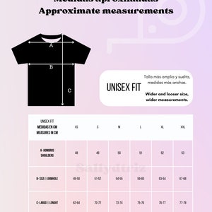 Op de afbeelding: Een tabel met de maatvoering voor unisex t-shirts in centimeters. De tabel bevat de maten voor schouders, armsgaten en lengte. De maten zijn XS, S, M, L, XL en XXL.
