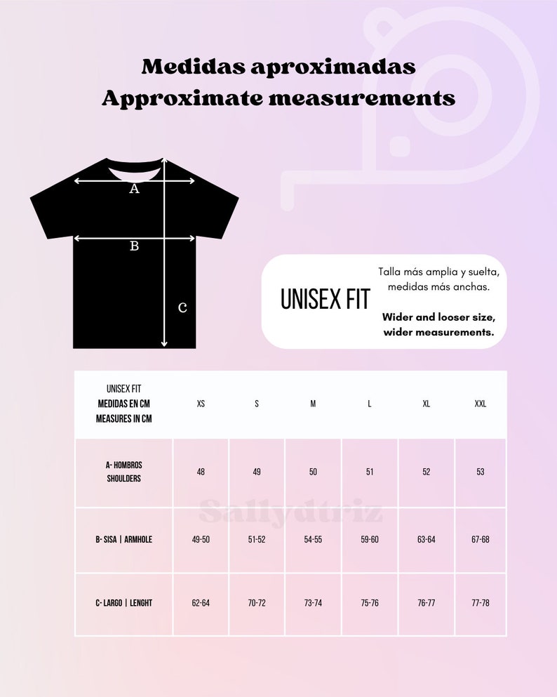 Op de afbeelding: Een tabel met de maatvoering voor unisex t-shirts in centimeters. De tabel bevat de maten voor schouders, armsgaten en lengte. De maten zijn XS, S, M, L, XL en XXL.