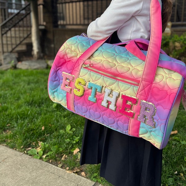 Girls Day Camp Bag, Colorful Kids Personalized Duffle Bag with Hearts, Overnight Bag for Girl, Custom Baby Girl Diaper Bag, Chenille Letters