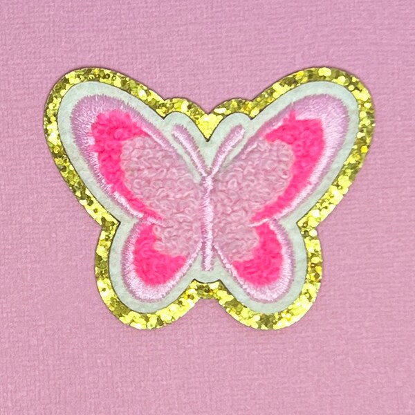 Neon Pink Butterfly Chenille Iron On Patch, 2.5" x 2.1"