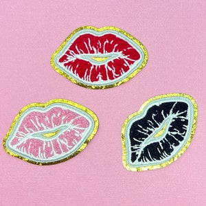 Lips Chenille Iron-On Patches, Red, Pink and Black Lips, Valentines Day Patches