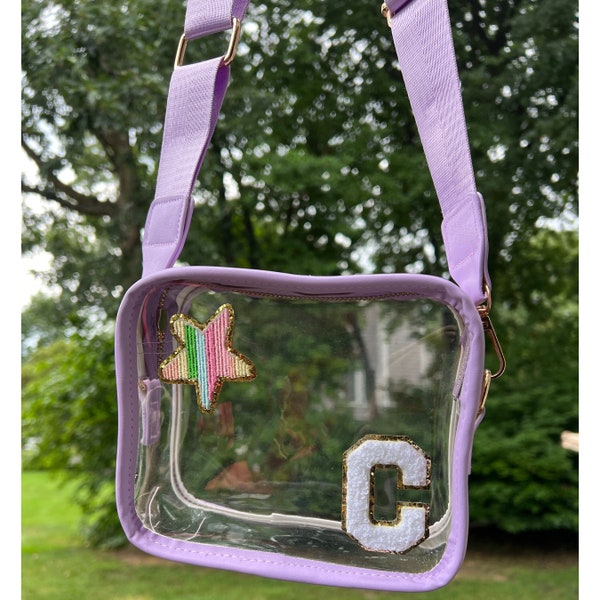 Purple Clear Stadium Bag, Personalized Clear Concert Purse, Clear Football Game Stadium Bag, Custom Chenille Letter Patches Bag