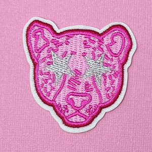 Pink Cheetah with Star Eyes Iron On Patch, Teen Girl DIY Patch