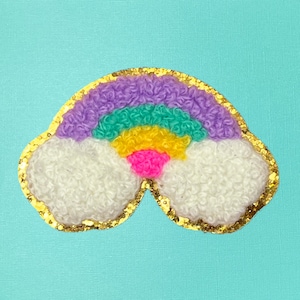 Rainbow Chenille Patch: Gold Glitter, Iron-On or Sticky Back