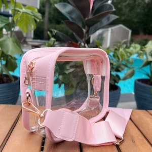 May include: A pink clear crossbody bag with a gold zipper and a gold chain strap. The bag is made of clear plastic with a pink leather trim.