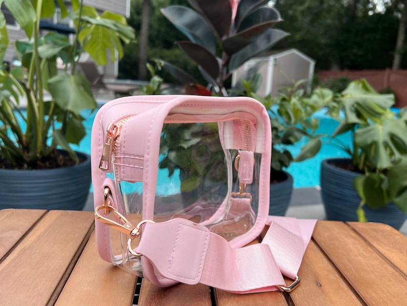 May include: A pink clear crossbody bag with a gold zipper and a gold chain strap. The bag is made of clear plastic with a pink leather trim.