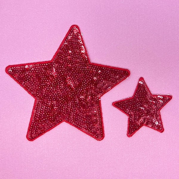 Red Sequin Star Iron-On Patch, Large 5" Star or Small 2.5" Star