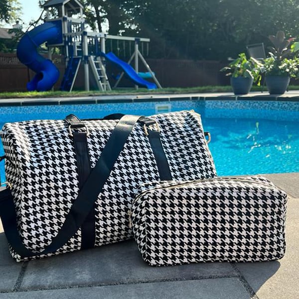 Personalized Overnight Bag Set, Black and White Houndstooth Duffle Bag and Large Pouch, 2 Piece Set, Custom Travel Bag Personalized Gift