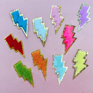 Lightning Bolt Chenille Iron On Patch, Lots of Colorful Lightning Bolt Patches, 1.7" x 3"