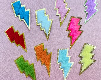 Lightning Bolt Chenille Iron On Patch, Lots of Colorful Lightning Bolt Patches, 1.7" x 3"