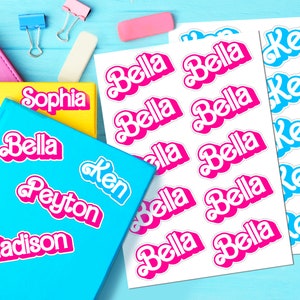 Pink Doll Name Stickers, Glossy, Hot Pink Personalized Name Stickers, 5x7 Sticker Sheet, Die Cut 1970's Logo Name Stickers, School Labels