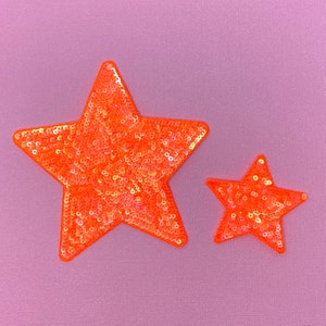 Neon Orange Sequin Star Iron-On Patch, Large 5" Star or Small 2.5" Star