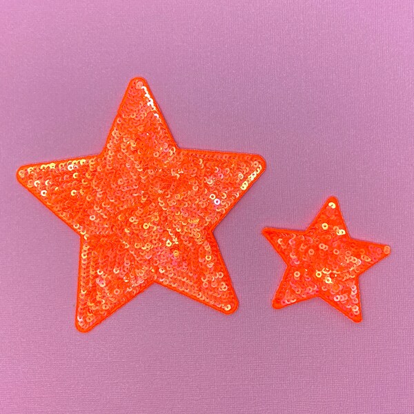 Neon Orange Sequin Star Iron-On Patch, Large 5" Star or Small 2.5" Star