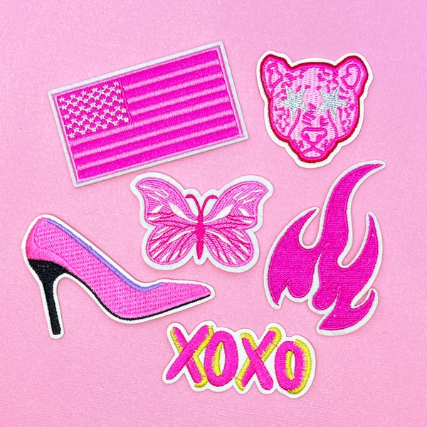 Hot Pink Teen Girl Iron On Patches, Pink American Flag, Butterfly, High Heel, Cheetah with Star Eyes, XOXO, Flame