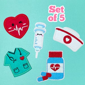 May include: Set of five embroidered iron-on patches with a medical theme. The patches include a heart with a heartbeat line, a syringe with a cute face, a nurse's hat with a red heart, a green scrub top with a stethoscope and a red heart, and a blue pill bottle with a red heart and a heartbeat line.