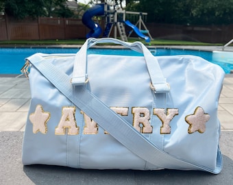 Personalized Light Blue Duffle Bag: Chenille Patch Travel Bag