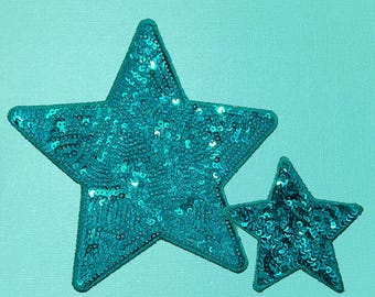 Teal Sequin Star Iron-On Patch: Large or Small Size
