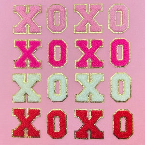 XOXO Letters Set of 4 Chenille Patches, 2.2" Self Adhesive Varsity Letters, DIY Dupe, Has Gold GlitterTrim