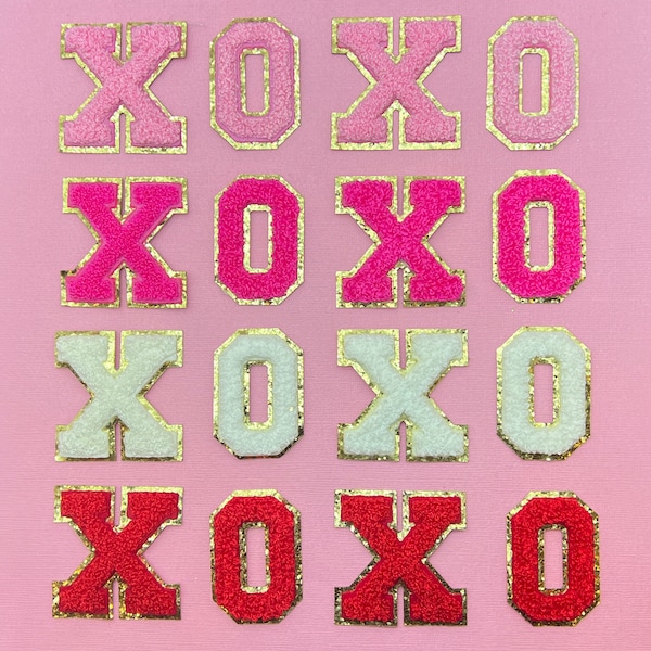 XOXO Letters Set of 4 Chenille Patches, 2.2" Self Adhesive Varsity Letters, DIY Dupe, Has Gold GlitterTrim