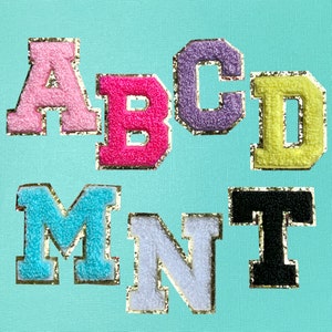 Parche de letras de chenilla: termoadhesivo universitario de 5,6 cm con purpurina dorada