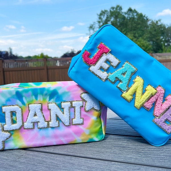 Custom Nylon School Supplies Pouch, Large Nylon Makeup Pouch with Zipper, Personalized Cosmetic Bag, Chenille Patches Pencil Case