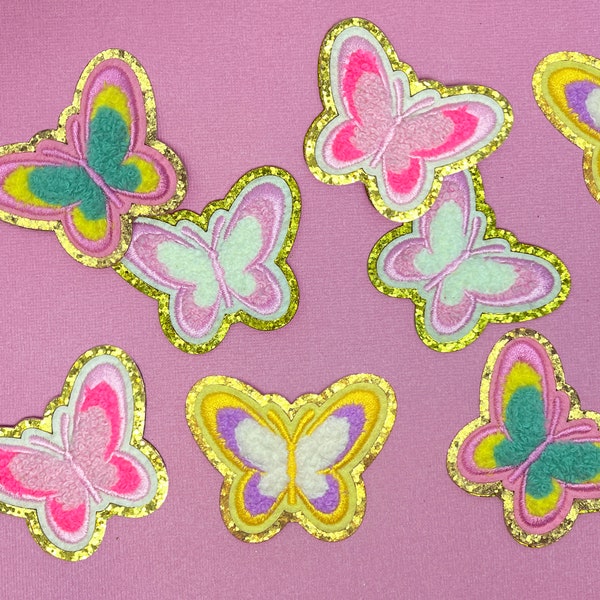 Butterfly Chenille Self-Adhesive Iron On Patch, Pink and Teal, Purple and Yellow, Pink and White Butterfly Patch, 2.5" x 2.1"