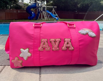 Hot Pink Personalized Duffle Bag: Chenille Letter Patches, Travel Bag